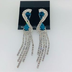 Rhinestone Tassel Earrings, Green/Silver